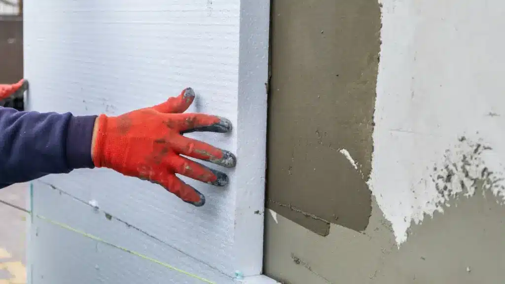 Isolation sur l'extérieur des murs d'une maison avec du polystyrène   